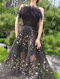 Luxury Feathers Long Arabic Evening Gowns for Women,  Evening Party Dresses, Black Beading Dubai Formal Prom Engagement Dress