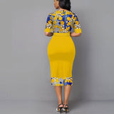 Floral Print Patchwork Yellow Elegant Office Lady Dress For Women - 2021 Fashion O-Neck Slim Business and Party Dress