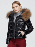 Women Winter Coat - Women Shiny Fabric Fur Collar Winter Jacket