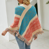 Ponchos - Vintage Capes And Ponchos Patchwork Fringe Boho Sweater, Knitwear Women Clothing with Batwing Sleeve