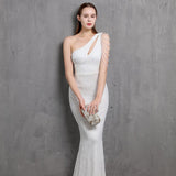 Elegant One-Shoulder, White Sequin Evening Dress, 2021 Women Beads Party Wedding Maxi Dress