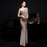 Elegant One Shoulder Slit Gold Sequin Evening Dress - 2021 Women Beads Party Maxi Dress