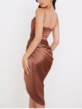 Mini Dress - Midi Satin Women Dress, Split Adjustable Strap Ruched Cowl Neck