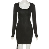 Black Long Sleeve, Sexy Lady Lace-Up Bandage Bodycon Slim, Hollow Out Dresses - Ladies Glitter Sequins Party Mini Dress