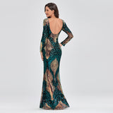 O-neck Long-Sleeve, Shinning Sequins Women's Evening Dresses, Sexy Backless Mermaid Party Gowns, Maxi Elegant Multi Female Wear