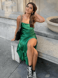 Summer Dress - Varucci Midi Green Satin Backless Sleeveless Off Shoulder Summer Dress