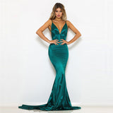 Backless Satin Evening Dress, Gown Strappy Deep, V-Neck Floor Length, Prom Padded Stretch Party Dresses