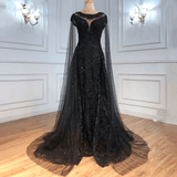 Dress - Black Luxury Lace Beaded Cape Sleeves Mermaid Evening Gown