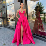 Satin Evening Dresses, Spaghetti Strap, Side Slit Prom Dress, High Waist Evening Gowns Party Dress