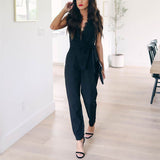 Jumpsuits - Fashion Lace Women Jumpsuit With Belt - Sleeveless Summer Casual V-neck Solid Women Jumpsuits