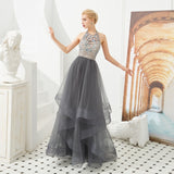 Prom Dress - Halter Tiered Beaded Crystal Floral Party Gown