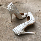 Women Office Shoe - White Spikes Women Pointed Toe High Heels Slip-on Shoes