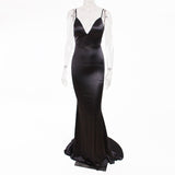 Backless Satin Evening Dress, Gown Strappy Deep, V-Neck Floor Length, Prom Padded Stretch Party Dresses