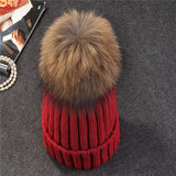 Women Hats - Mink & Fox Fur Ball Cap Pom Poms Winter Hat For Women - Girl's Knitted Beanies Caps