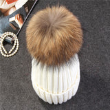 Women Hats - Mink & Fox Fur Ball Cap Pom Poms Winter Hat For Women - Girl's Knitted Beanies Caps