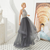 Prom Dress - Halter Tiered Beaded Crystal Floral Party Gown