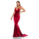 Backless Satin Evening Dress, Gown Strappy Deep, V-Neck Floor Length, Prom Padded Stretch Party Dresses