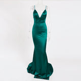 Backless Satin Evening Dress, Gown Strappy Deep, V-Neck Floor Length, Prom Padded Stretch Party Dresses