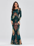 O-neck Long-Sleeve, Shinning Sequins Women's Evening Dresses, Sexy Backless Mermaid Party Gowns, Maxi Elegant Multi Female Wear