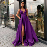 Satin Evening Dresses, Spaghetti Strap, Side Slit Prom Dress, High Waist Evening Gowns Party Dress