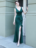 Prom Dress - Women Green Color Soft Satin V Neck Slit Evening Dress