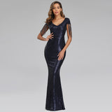2021 New Women Sequin Evening Dress - Ladies Elegant V-Neck Beaded Party Bodycon Maxi Dress