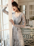 Silver Gray Lace, Evening Dresses in Long Sleeves, Elegant O-neck, A-line, Floor-length Backless Celebrity Gowns