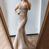 Women Dress - Champagne Luxury V-Neck Mermaid Evening Dress, Diamond Feathers Sleeveless Formal Dress