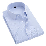 Summer Men's Striped Short Sleeve Dress -  Formal Shirt, Square Collar, Non-iron, Regular Fit, Anti-Wrinkle Pocket.