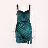 Mini Dress - Varucci Velour Summer Dress, Boned 2 Layers Elastic Ruched Spaghetti Straps Zipper Mini Dress
