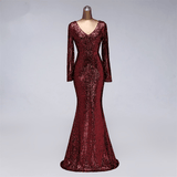 Women Dress - New Hollow-Carved Long Sleeve Style Sequins  Evening Dress Prom Gowns
