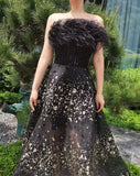 Luxury Feathers Long Arabic Evening Gowns for Women,  Evening Party Dresses, Black Beading Dubai Formal Prom Engagement Dress