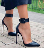 Pointed Toe High Heel Woman Shoe - Leather Ankle Strap Thin Heels Sandal