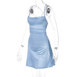 Mini Dress - Women Satin Strap Mini Dress, Lace Up Bandage Bodycon Backless Party Wear