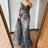 Dress - Dubai Grey Mermaid Sleeveless V-Neck Crystal Evening Dress