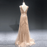 Dress - Dubai Gold A-Line Luxury Evening Dress, V-Neck Pearls Crystal Sleeveless Gown