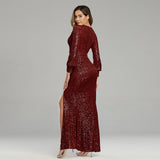 Burgundy Full Sleeve Evening Dress - Sequined Formal Dress, Women Sexy V-neck Prom Gown, Elegant Evening Gowns for Women Wear