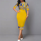 Floral Print Patchwork Yellow Elegant Office Lady Dress For Women - 2021 Fashion O-Neck Slim Business and Party Dress