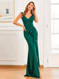 Prom Dress - Women Green Color Soft Satin V Neck Slit Evening Dress