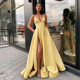 Satin Evening Dresses, Spaghetti Strap, Side Slit Prom Dress, High Waist Evening Gowns Party Dress