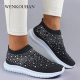 Women Flats Sneakers - Crystal Casual Slip On Sock Trainers - Women Vulcanize Shoe