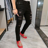 Men Jeans - Black Hole Jean Pants, Rhinestones Patchwork Ripped Tights for Men. European Brand Jean Pant, Slim Stretch Denim Trousers