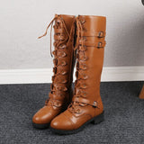Women Winter Boots - Sexy Lace Up, Knee High Boots for Women, Female Fashion Boots with Flat Heels, Woman Square Heel Rubber, Winter Flock Boots