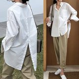 Women White Shirt Tunics - 2021 Autumn Fashion, Oversized Blouse Lapel, Casual Solid Long Sleeve Button