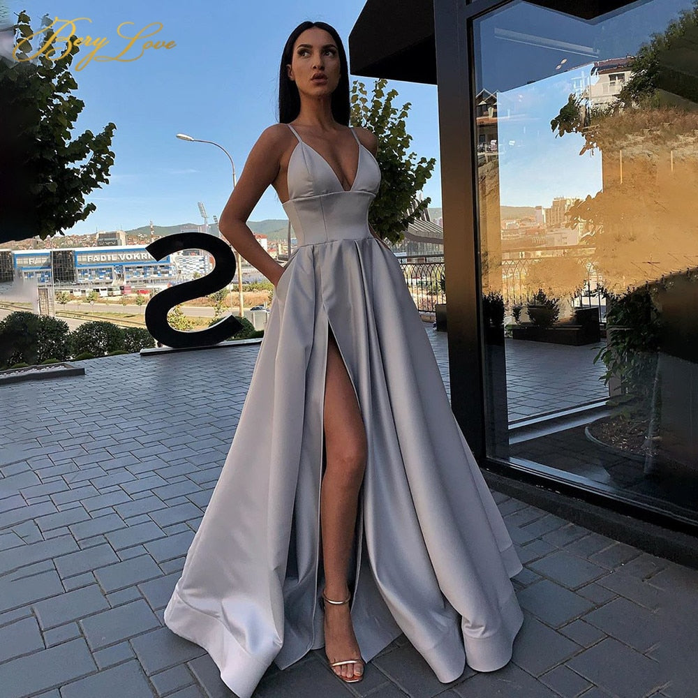 Sexy V-Neck Satin Evening Dresses, Spaghetti Strap, Side Slit Prom Dre –  Varucci Style