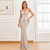 Evening Maxi Dress - Women Beading Long Deep V Neck Silver Sequin Prom/Evening Dress