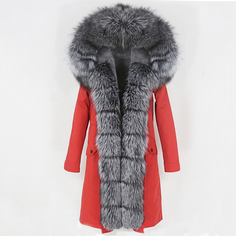 Women Genuine Fox Fur Coat Relaxed Fashion Red Winter Thick Warm
