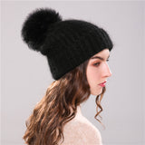 Women Hats - 70% Angola Rabbit Fur Knitted Hat With Real Fur Pom Pom - Skullie Beanie Winter Hat