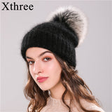 Women Hats - 70% Angola Rabbit Fur Knitted Hat With Real Fur Pom Pom - Skullie Beanie Winter Hat