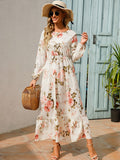 Summer Dress - Elegant Floral Print Summer Casual O Neck Long Sleeve Chiffon